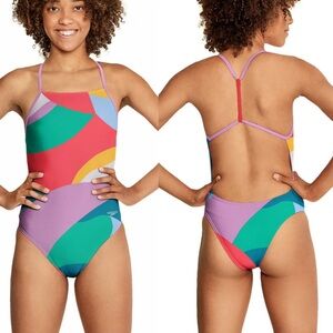 NWT Speedo Eco Endurance Cheeky T-Strap One Piece Swimsuit in Geo Colorblock - S